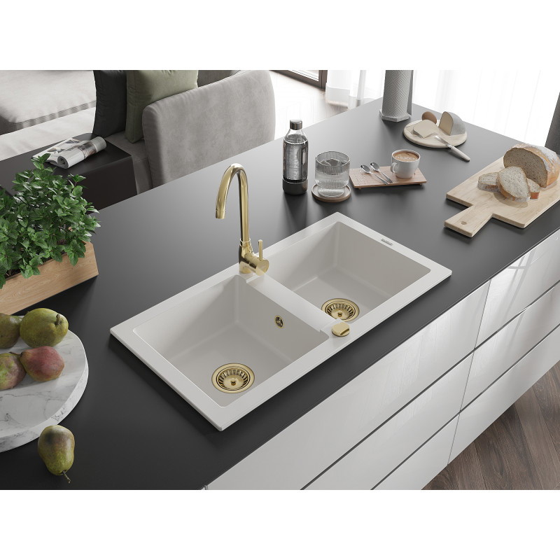 Mexen Mario granitový dřez 2-komorový 820 x 436 mm, bílý, zlatý sifon - 6504822000-20-G