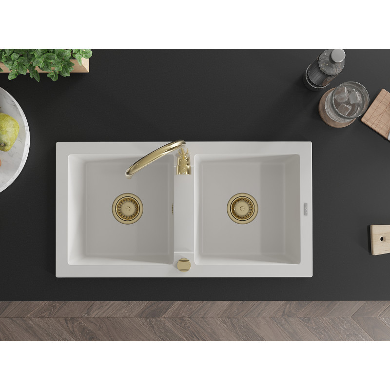 Mexen Mario granitový dřez 2-komorový 820 x 436 mm, bílý, zlatý sifon - 6504822000-20-G