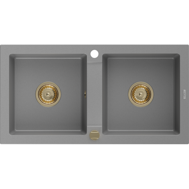 Mexen Mario dvojkomorový žulový dřez 820 x 436 mm, šedý, zlatý sifon - 6504822000-71-G