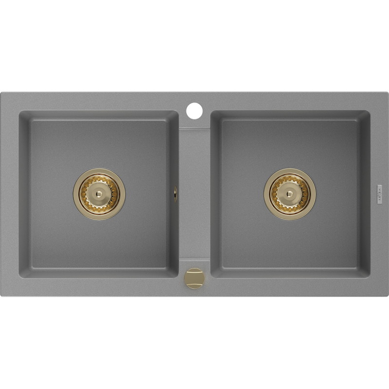 Mexen Mario granitový dřez 2-komorový 820 x 436 mm, šedý, sifon zlatý - 6504822000-71-G