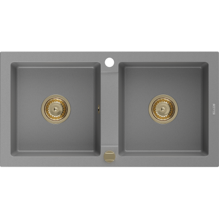 Mexen Mario dvojkomorový žulový dřez 820 x 436 mm, šedý, zlatý sifon - 6504822000-71-G