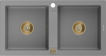 Mexen Mario dvojkomorový žulový dřez 820 x 436 mm, šedý, zlatý sifon - 6504822000-71-G