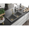 Mexen Mario granitový dřez dvoukomorový 820 x 436 mm, šedý, sifon zlatý - 6504822000-71-G