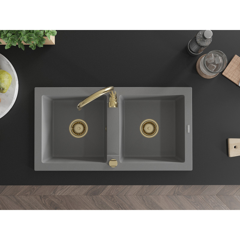 Mexen Mario granitový dřez dvoukomorový 820 x 436 mm, šedý, sifon zlatý - 6504822000-71-G