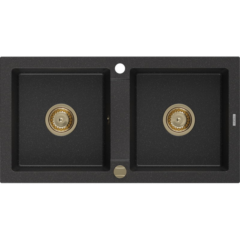 Mexen Mario granitový dřez 2-komorový 820 x 436 mm, černý/stříbrný metalický, sifon zlatý - 6504822000-73-G