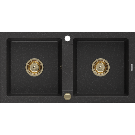 Mexen Mario granitový dřez 2-komorový 820 x 436 mm, černý/stříbrný metalický, sifon zlatý - 6504822000-73-G