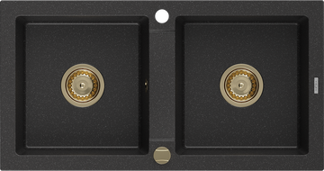 Mexen Mario granitový dřez 2-komorový 820 x 436 mm, černý/stříbrný metalický, sifon zlatý - 6504822000-73-G