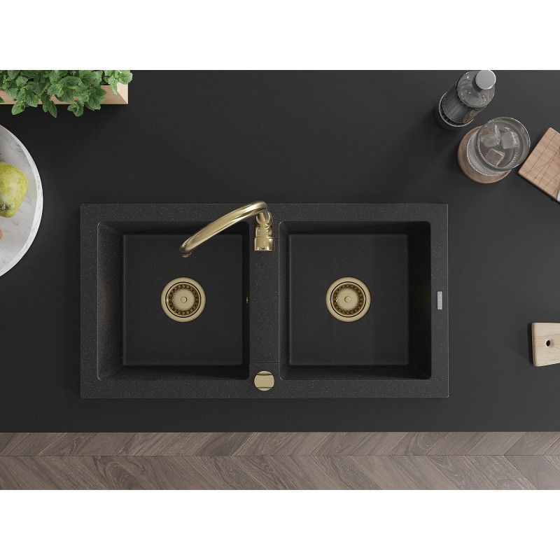 Mexen Mario granitový dřez 2-komorový 820 x 436 mm, černý/stříbrný metalický, sifon zlatý - 6504822000-73-G