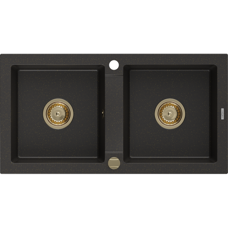 Mexen Mario žulový dřez 2-komorový 820 x 436 mm, černý/zlatý metalický, sifon zlatý - 6504822000-75-G