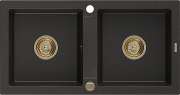 Mexen Mario žulový dřez 2-komorový 820 x 436 mm, černý/zlatý metalický, sifon zlatý - 6504822000-75-G