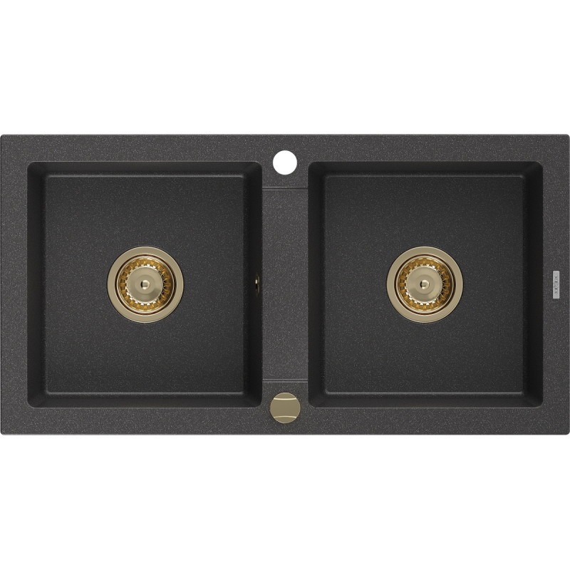 Mexen Mario granitový dřez 2komorový 820 x 436 mm, černý s tečkami, zlatý sifon - 6504822000-76-G