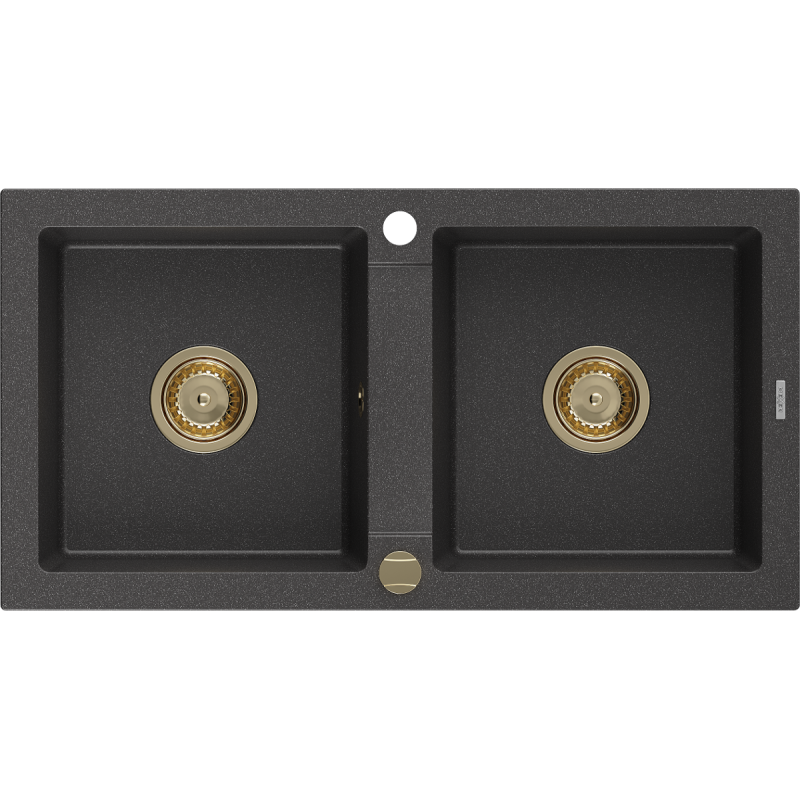 Mexen Mario žulový dřez 2-komorový 820 x 436 mm, černý skvrnitý, zlatý sifon - 6504822000-76-G