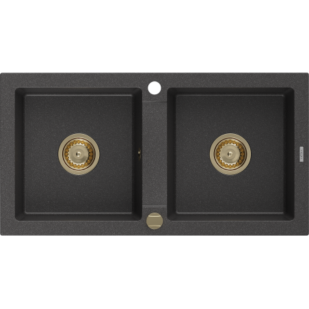 Mexen Mario žulový dřez 2-komorový 820 x 436 mm, černý skvrnitý, zlatý sifon - 6504822000-76-G