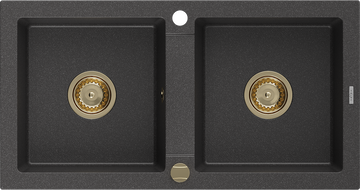 Mexen Mario žulový dřez 2-komorový 820 x 436 mm, černý skvrnitý, zlatý sifon - 6504822000-76-G
