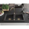 Mexen Mario žulový dřez 2-komorový 820 x 436 mm, černý skvrnitý, sifon zlatý - 6504822000-76-G