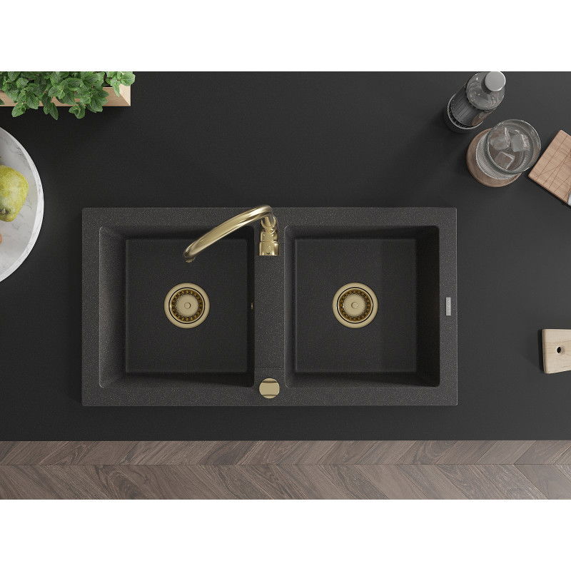 Mexen Mario žulový dřez 2-komorový 820 x 436 mm, černý skvrnitý, zlatý sifon - 6504822000-76-G
