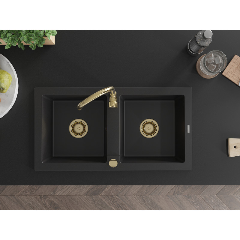 Mexen Mario granitový dřez 2-komorový 820 x 436 mm, černý, zlatý sifon - 6504822000-77-G