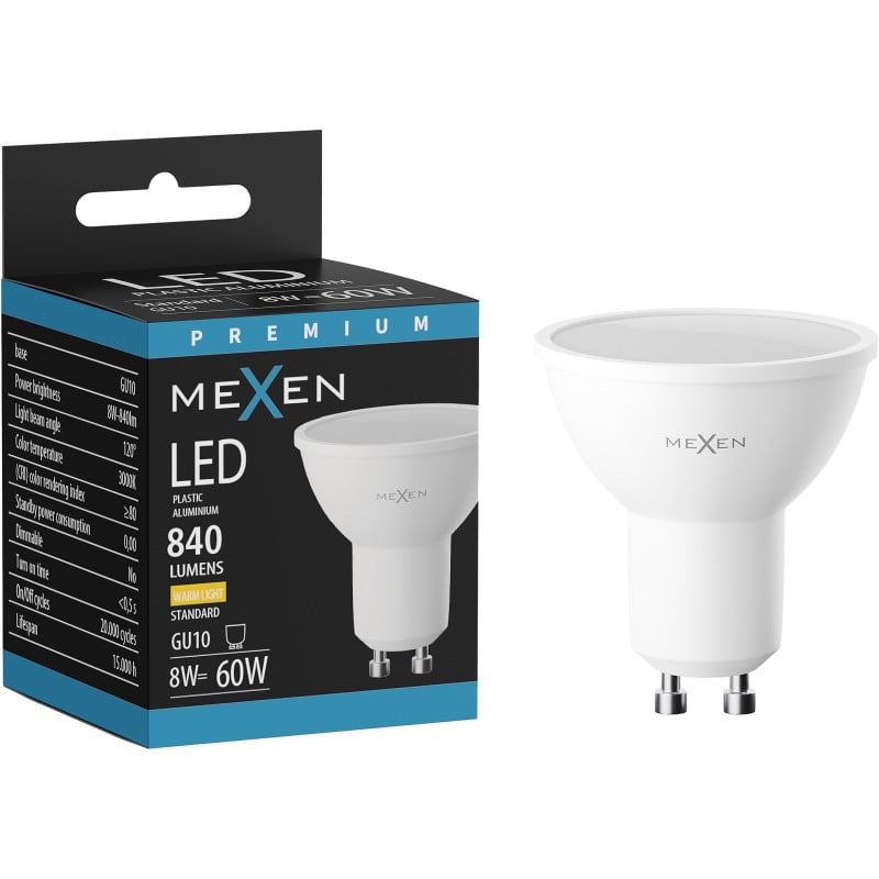 Mexen Nova LED žárovka GU10, 8W, Teplá - 3000K, 840 lm - L108-GU10-0830-01
