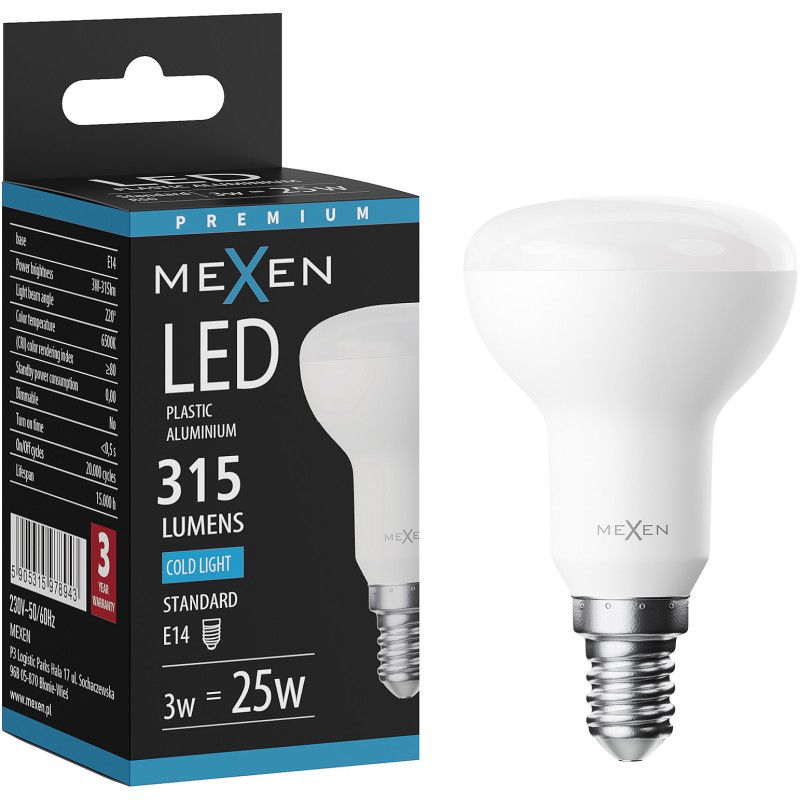 Mexen Nova LED žárovka E14, R50, 3W, Studená - 6500K, 315 lm - L103-E14-0365-01