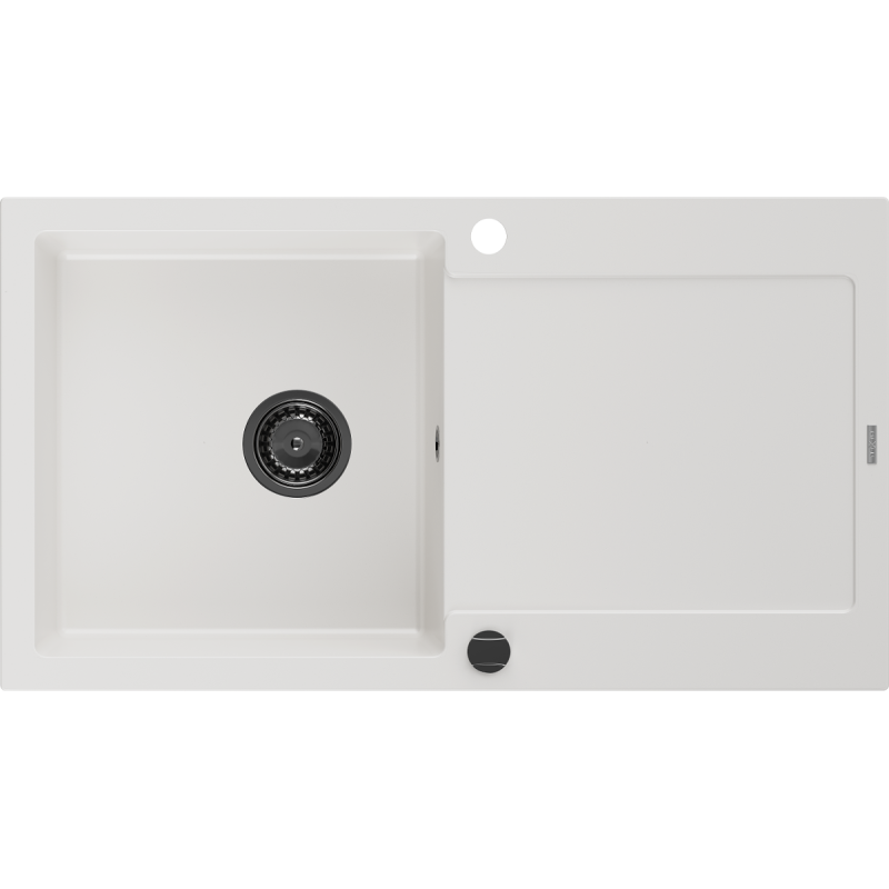 Mexen Leo granitový dřez 1-komorový s odkapávačem 900 x 500 mm, bílý, černý sifon - 6501901010-20-B