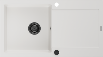 Mexen Leo granitový dřez 1-komorový s odkapávačem 900 x 500 mm, bílý, černý sifon - 6501901010-20-B
