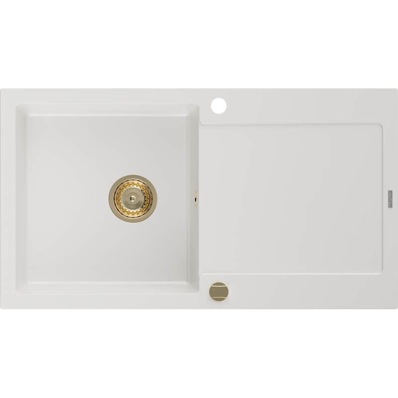 Mexen Leo granitový dřez s jednou komorou a odkapávačem 900 x 500 mm, bílý, zlatý sifon - 6501901010-20-G