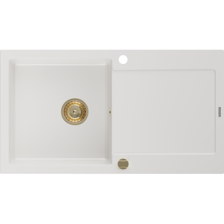 Mexen Leo granitový dřez s jednou komorou a odkapávačem 900 x 500 mm, bílý, zlatý sifon - 6501901010-20-G
