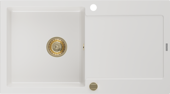 Mexen Leo granitový dřez s jednou komorou a odkapávačem 900 x 500 mm, bílý, zlatý sifon - 6501901010-20-G