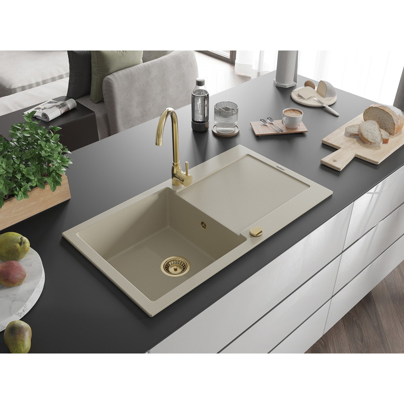 Mexen Leo granitový dřez s 1 komorou a odkapávačem 900 x 500 mm, béžový, zlatý sifon - 6501901010-69-G