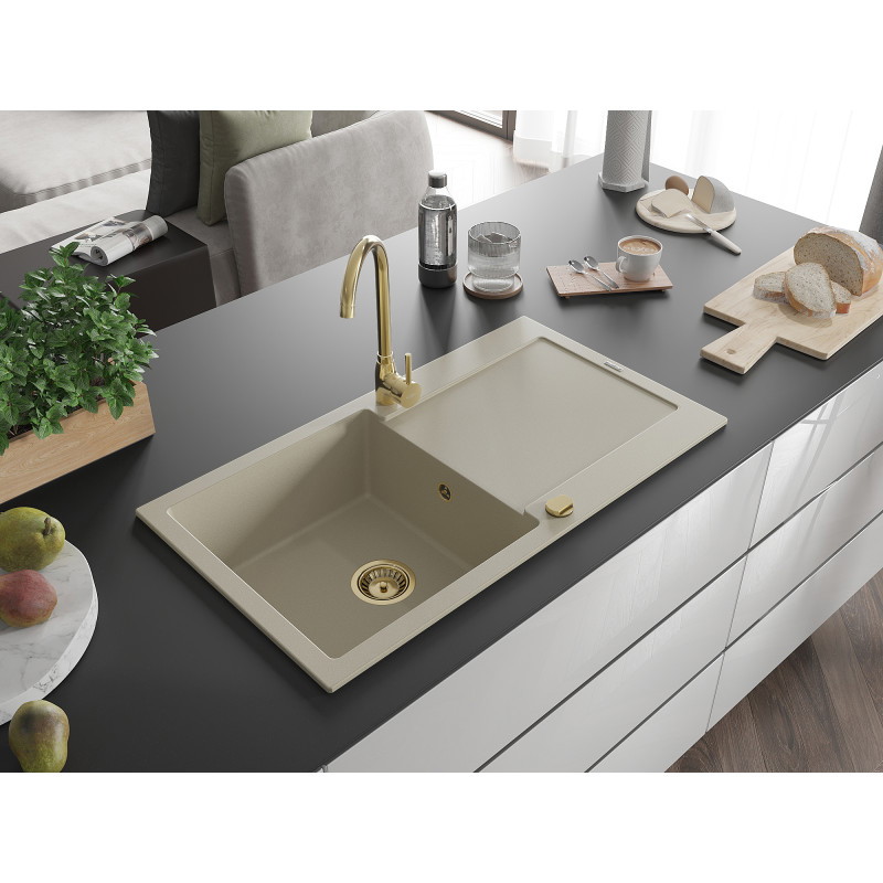 Mexen Leo granitový dřez s jednou komorou a odkapávačem 900 x 500 mm, béžový, sifon zlatý - 6501901010-69-G