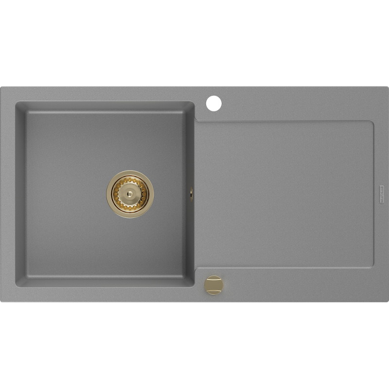 Mexen Leo granitový dřez s 1 komorou a odkapávačem 900 x 500 mm, šedý, zlatý sifon - 6501901010-71-G