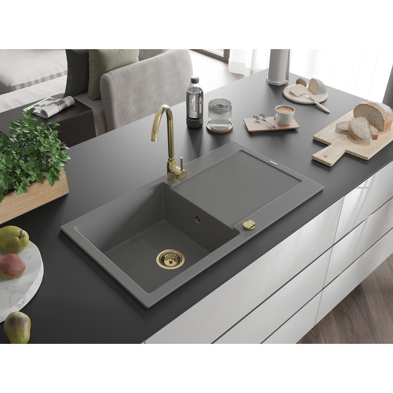 Mexen Leo granitový dřez jednokomorový s odkapávačem 900 x 500 mm, šedý, zlatý sifon - 6501901010-71-G