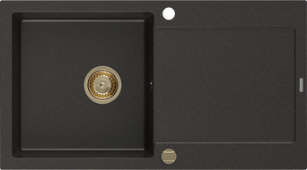 Mexen Leo granitový dřez s odkapávačem 1-komorový 900 x 500 mm, černý/zlatý metalík, zlatý sifon - 6501901010-75-G