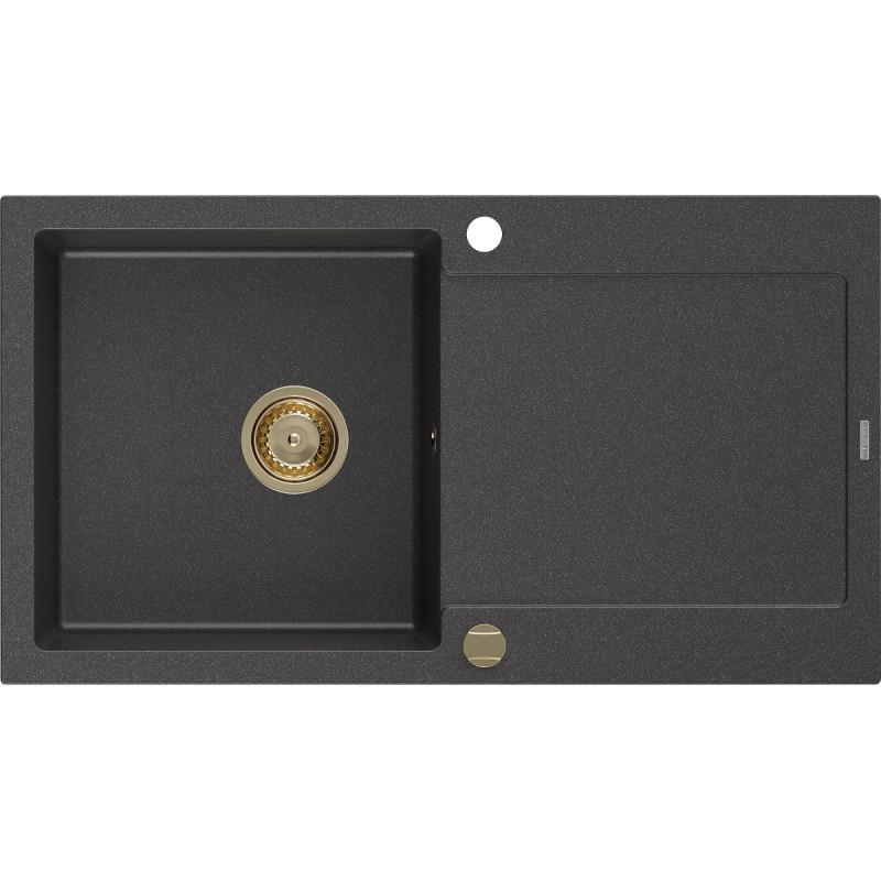 Mexen Leo granitový dřez s 1 komorou a odkapem 900 x 500 mm, černý tečkovaný, zlatý sifon - 6501901010-76-G