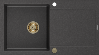 Mexen Leo granitový dřez 1-komorový s odkapávačem 900 x 500 mm, černý kropenatý, zlatý sifon - 6501901010-76-G