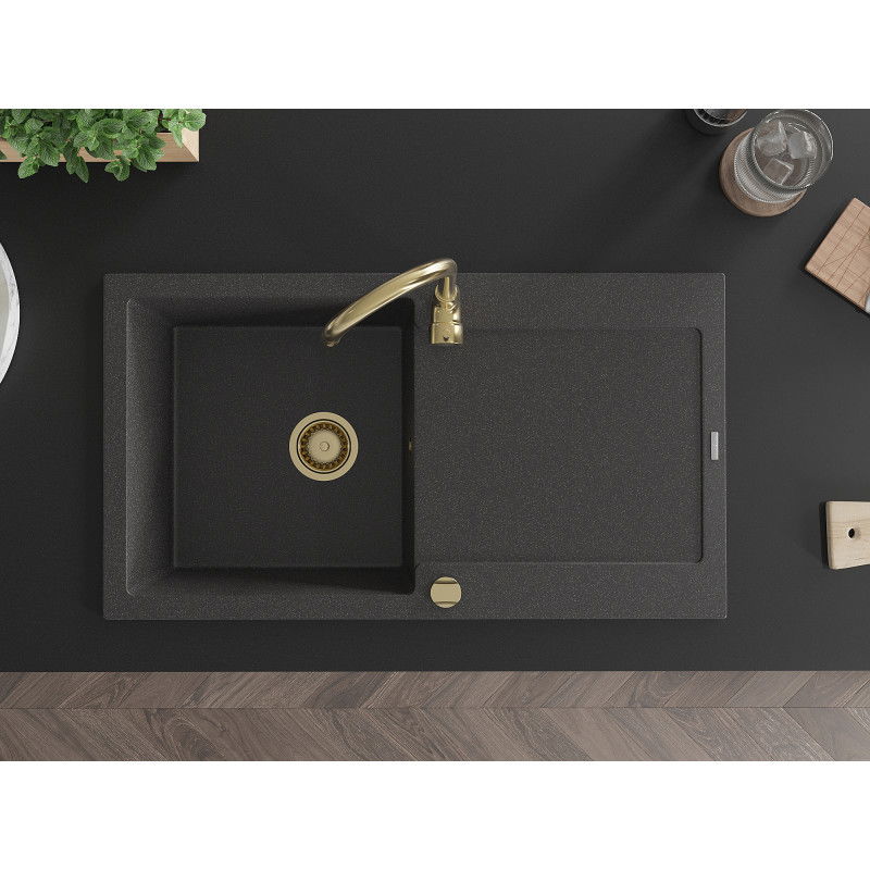 Mexen Leo granitový dřez 1-komorový s odkapávačem 900 x 500 mm, černý kropenatý, zlatý sifon - 6501901010-76-G