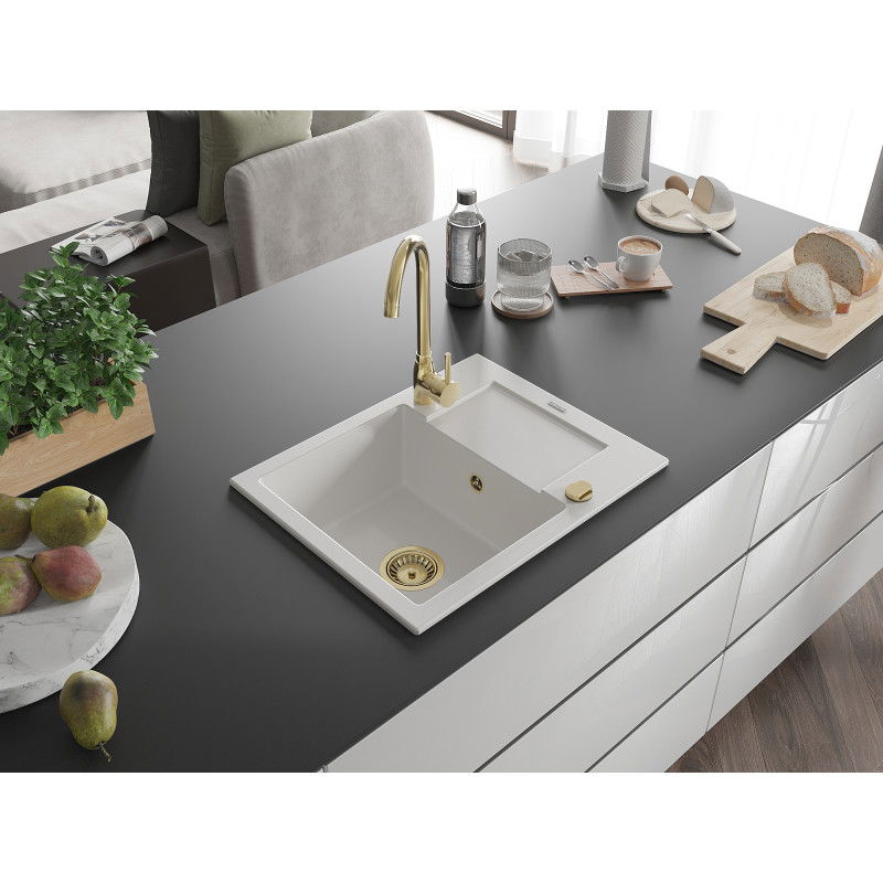Mexen Enzo granitový dřez 1-komorový s odkapávačem 576 x 465 mm, bílý, zlatý sifon - 6506571005-20-G
