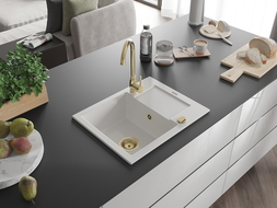 Mexen Enzo granitový dřez 1-komorový s odkapávačem 576 x 465 mm, bílý, zlatý sifon - 6506571005-20-G