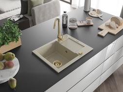 Mexen Enzo granitový dřez 1-komorový s odkapávačem 576 x 465 mm, béžový, sifon zlatý - 6506571005-69-G