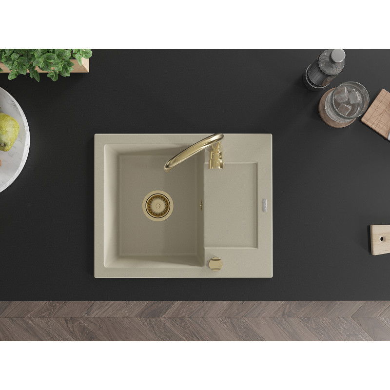 Mexen Enzo granitový dřez 1-komorový s odkapávačem 576 x 465 mm, béžový, sifon zlatý - 6506571005-69-G