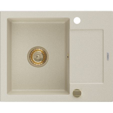 Mexen Enzo granitový dřez 1-komorový s odkapávačem 576 x 465 mm, béžový, sifon zlatý - 6506571005-69-G