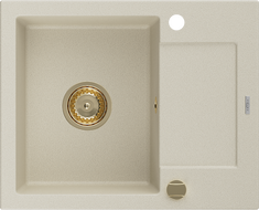 Mexen Enzo granitový dřez 1-komorový s odkapávačem 576 x 465 mm, béžový, sifon zlatý - 6506571005-69-G