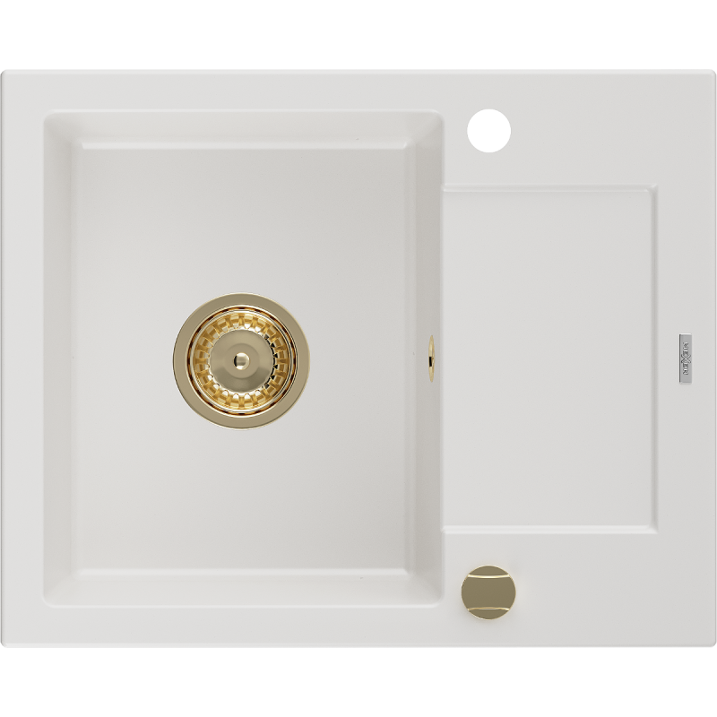 Mexen Enzo granitový dřez 1-komorový s odkapávačem 576 x 465 mm, bílý, zlatý sifon - 6506571005-20-G