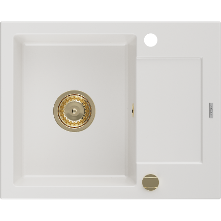 Mexen Enzo granitový dřez 1-komorový s odkapávačem 576 x 465 mm, bílý, zlatý sifon - 6506571005-20-G