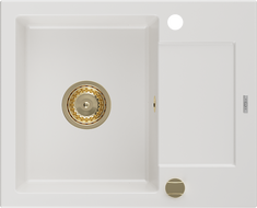 Mexen Enzo granitový dřez 1-komorový s odkapávačem 576 x 465 mm, bílý, zlatý sifon - 6506571005-20-G