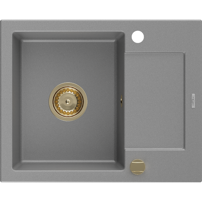 Mexen Enzo granitový dřez 1-komorový s odkapávačem 576 x 465 mm, šedý, sifon zlatý - 6506571005-71-G