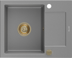 Mexen Enzo granitový dřez 1-komorový s odkapávačem 576 x 465 mm, šedý, sifon zlatý - 6506571005-71-G