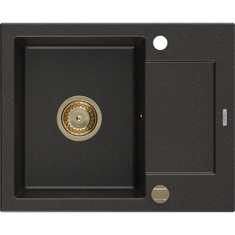 Mexen Enzo granitový dřez 1-komorový s odkapávačem 576 x 465 mm, černý/zlatý metalik, sifon zlatý - 6506571005-75-G