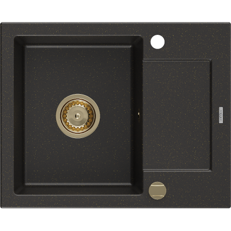 Mexen Enzo granitový dřez 1-komorový s odkapávačem 576 x 465 mm, černý/zlatý metalik, sifon zlatý - 6506571005-75-G