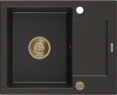 Mexen Enzo granitový dřez 1-komorový s odkapávačem 576 x 465 mm, černý/zlatý metalik, sifon zlatý - 6506571005-75-G